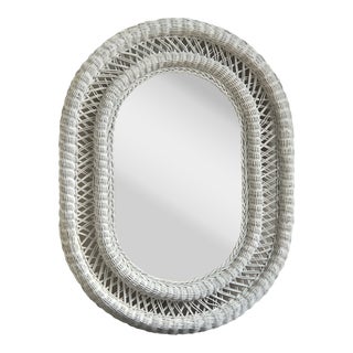 Vintage White Wicker Oval Wall Mirror For Sale