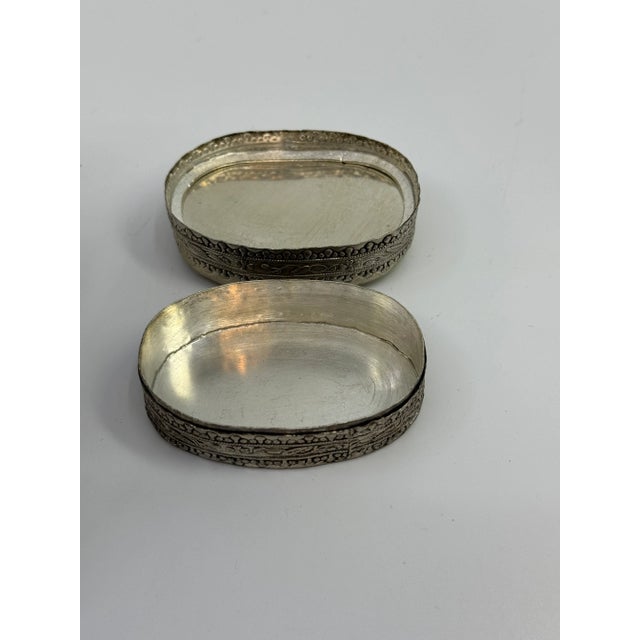 1960s 1960s Vintage Chinese Hand Painted Figure Porcelain Chard Embossed Silver Trinket Box For Sale - Image 5 of 7