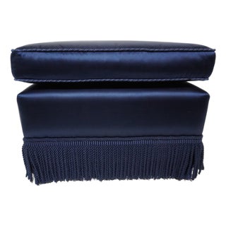 Late 20th Century Blue Ottoman With Fringed Skirt For Sale
