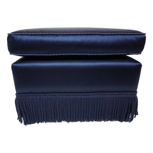 Late 20th Century Blue Ottoman With Fringed Skirt For Sale