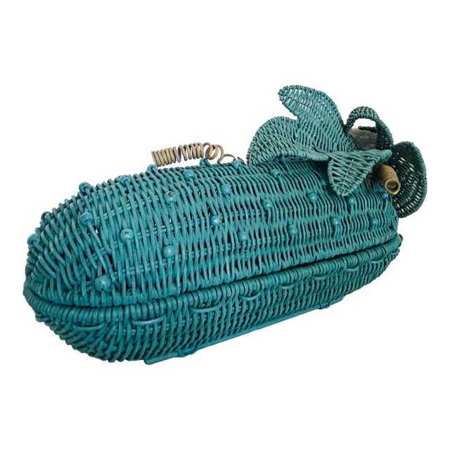 Vintage Artisan Wicker Turquoise Eggplant W/ Lid For Sale