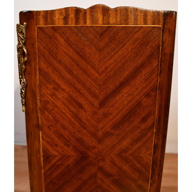 Antique French Louis XV Style Mahogany Inlay Nightstand With Faux Book Front Gallery Top Bronze Mounts For Sale - Image 10 of 15