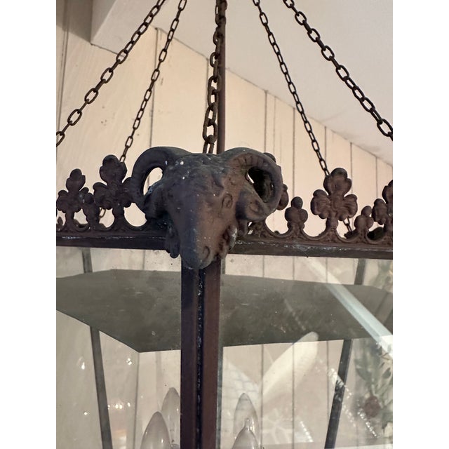 Traditional Antique Metal Tole Lantern With Ram’s Head Decoration For Sale - Image 3 of 12