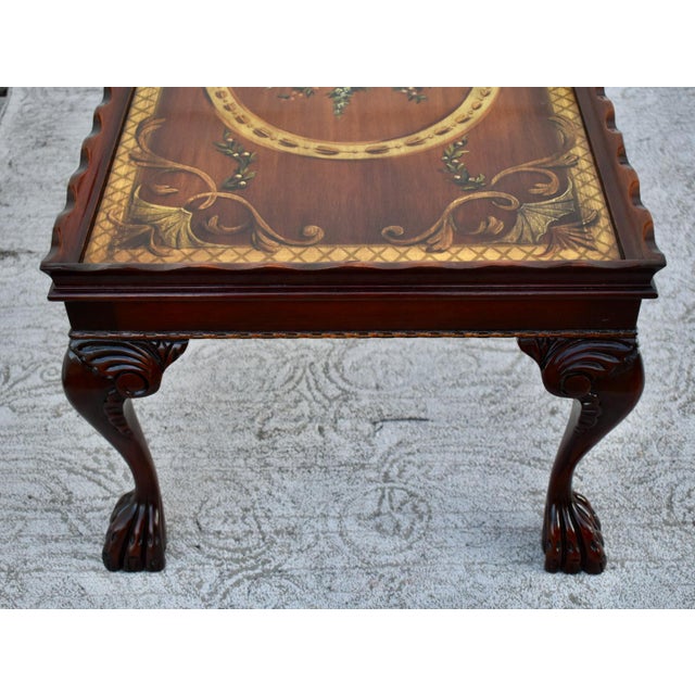 Vintage Carved Mahogany Regency Hand Painted Floral Design TBL W/ Claw Foot For Sale - Image 4 of 12
