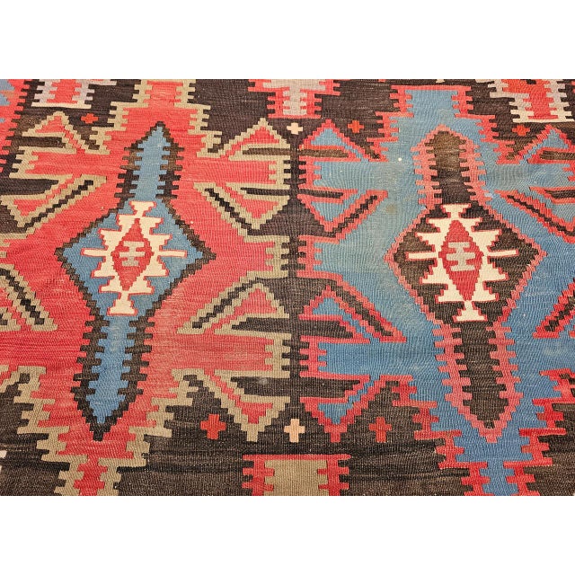Early 20th Century Antique Caucasian Kazak Kilim, Handwoven Wool, Geometric Design, Terracotta & Turquoise, 6x11 For Sale - Image 5 of 18