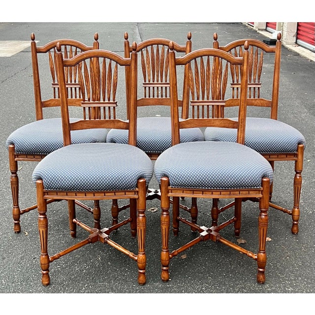 Great set of 5 country French wheat back chairs by Fremarc Designs. The chairs have turned front legs, ball finials on top...