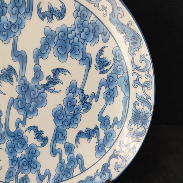 White Chinese Ceramic Plate,Qianlong Marked Blue and White Porcelain Plate Hand Painted Bats Pattern For Sale - Image 8 of 11