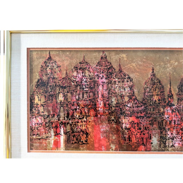 Buddhist Temple Citiscape Gold Silk Screen Print For Sale - Image 9 of 11