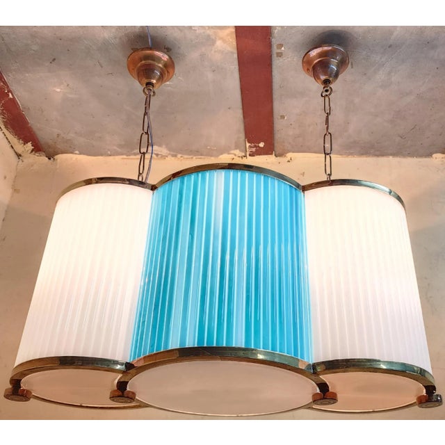 Skyscraper Vintage Art deco light Old Lamp Ceiling Hanging Chandelier Fixture Brass & Blue Milk Glass Rod Ship Light...