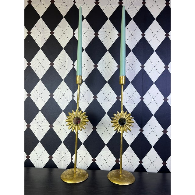 Vintage Hollywood Regency Gilt Metal Sunburst Mirror Candlesticks, Pair For Sale - Image 4 of 13