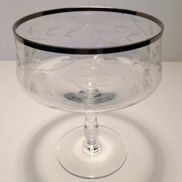 Platinum Rim Floral Etched Crystal Pedestal Bowl For Sale - Image 11 of 11