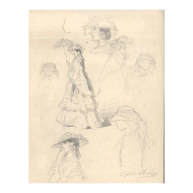 Fashionable Woman - Original Pencil Drawing by E. Morin - Mid 19th century Mid 1800 For Sale