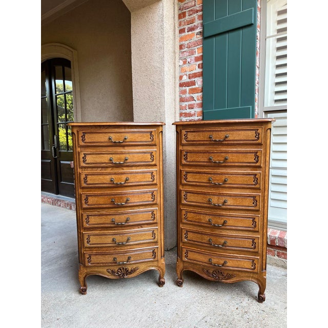 Pair Vintage French Chests 7 Drawer Semainier Louis XV Style Carved Oak For Sale - Image 4 of 18