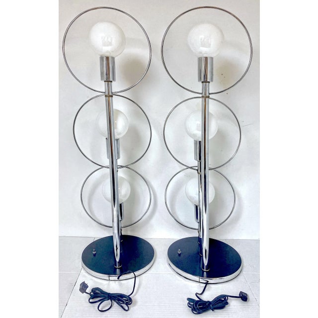 Metal Tall 70s' polished Chrome Mod Ring Lamps, Attributed to Robert Sonneman - a Pair For Sale - Image 7 of 12