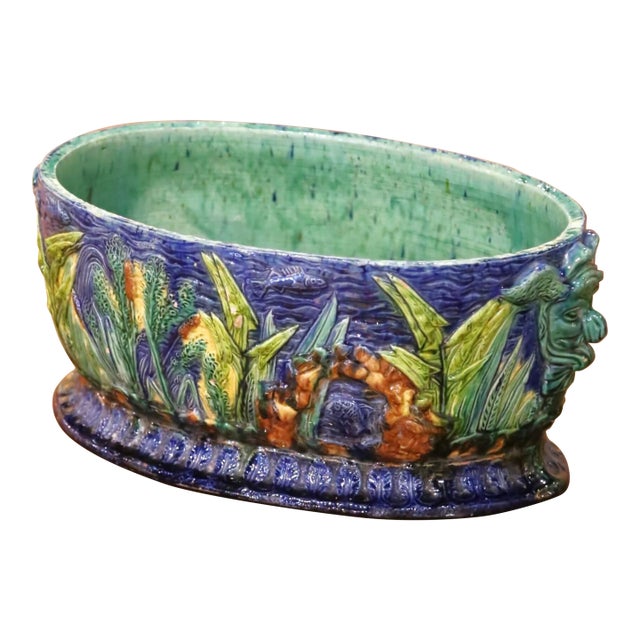 19th Century French Majolica Barbotine Cache Pot With Maskaron Handles For Sale