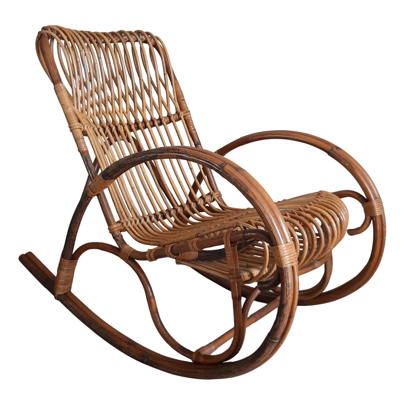 Italian Rocking Chair in Rattan and Curved Bamboo, 1960s | Chairish