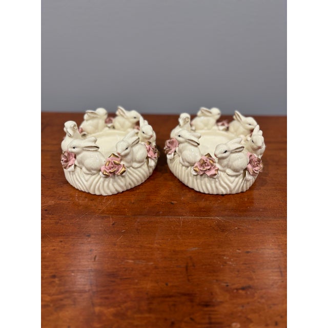 2000 - 2009 Vintage Porcelain Capodimonte Style Bunny Rabbits Pillar Candle Holders, a Pair For Sale - Image 5 of 10