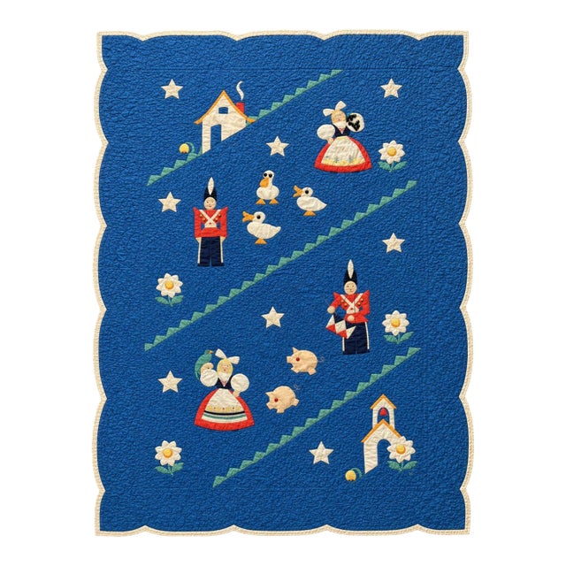 1930s Antique Handmade Dutch Folk Art Applique Child’s Nursery Quilt Textile Art For Sale