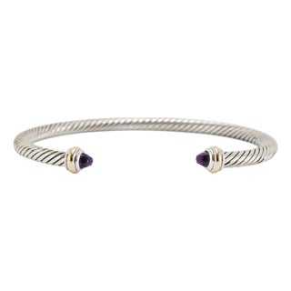 David Yurman Classic Cable Silver & 18k Gold 4mm Amethyst Cuff Bangle Bracelet For Sale