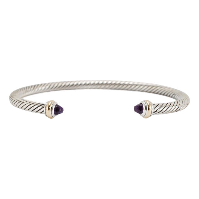 David Yurman Classic Cable Silver & 18k Gold 4mm Amethyst Cuff Bangle Bracelet For Sale