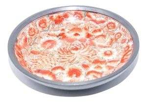 Large Vintage Red and White Porcelain Bowl, Catchall Encased in Pewter