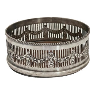 Edwardian Sheffield Silver Plated Fretwork Wine Bottle Coaster With Wood Base, c.1920 For Sale
