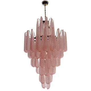 Large Vintage Italian Murano Glass Chandelier with 85 Glass Pink Petals Drop, 1990 For Sale
