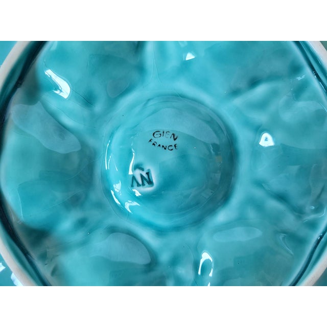 French Mid-Century French Gien Turquoise Aqua Blue-Green Glazed Oyster Plate For Sale - Image 3 of 7