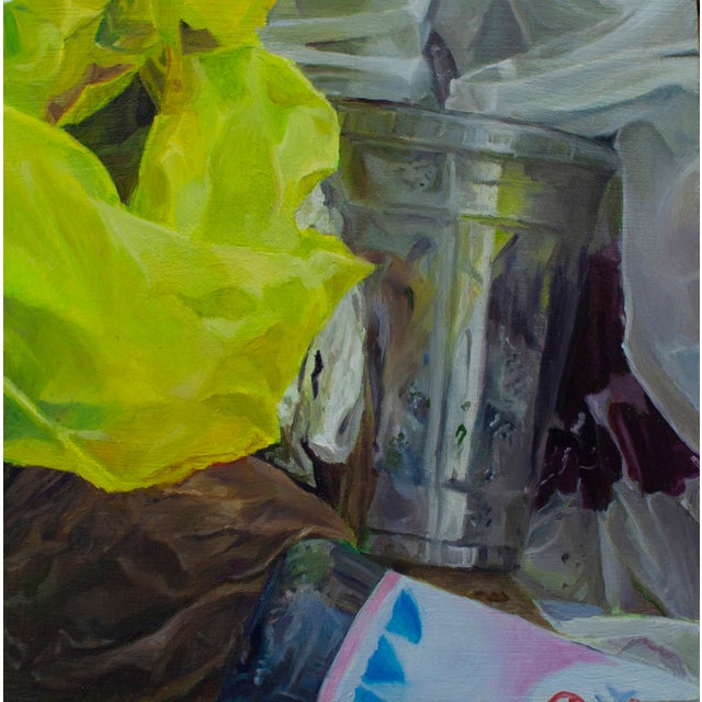 In "Keeping the Secret," vibrant greens and muted metallic tones interplay, capturing a moment of stillness amidst a...