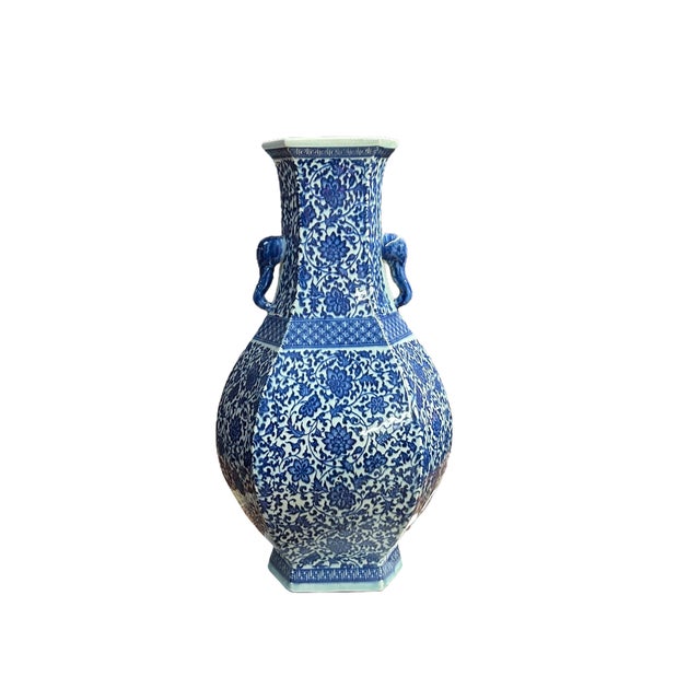 Chinese Blue & White Porcelain Hexagon Lotus Flower Vase For Sale - Image 10 of 14
