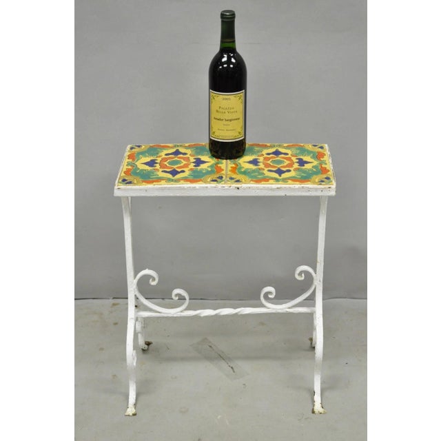 Antique Arts & Crafts White Painted Wrought Iron Side Table with Tile Top Believed to be Catalina California. Circa Early...