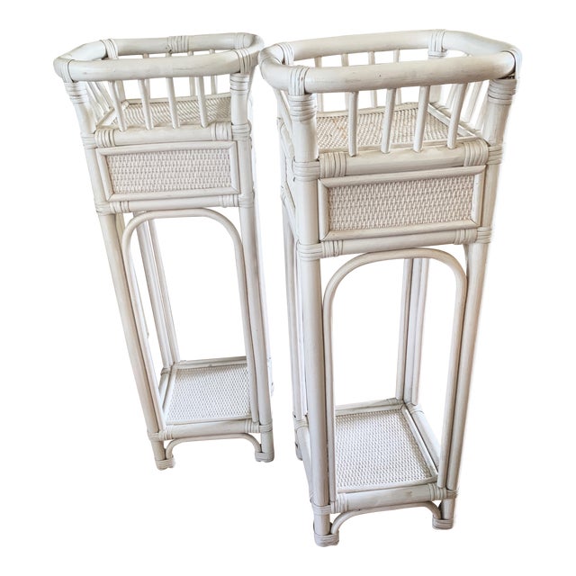 Set of Two Vintage White Rattan Wicker Plant Stands, a Pair Chairish