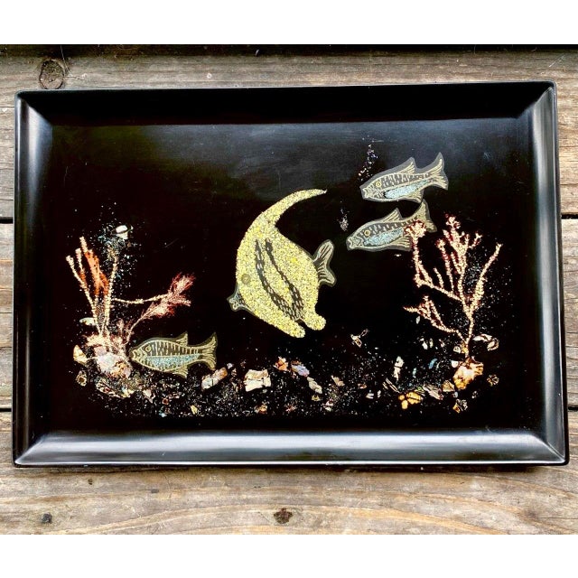 A wonderful vintage Couroc of Monterey serving tray featuring an enchanting underwater seascape rendered in the company's...