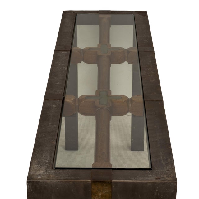 Vintage Brutalist Iron, Brass & Wood Console Table W/ Thick Beveled Glass Insert For Sale - Image 11 of 18