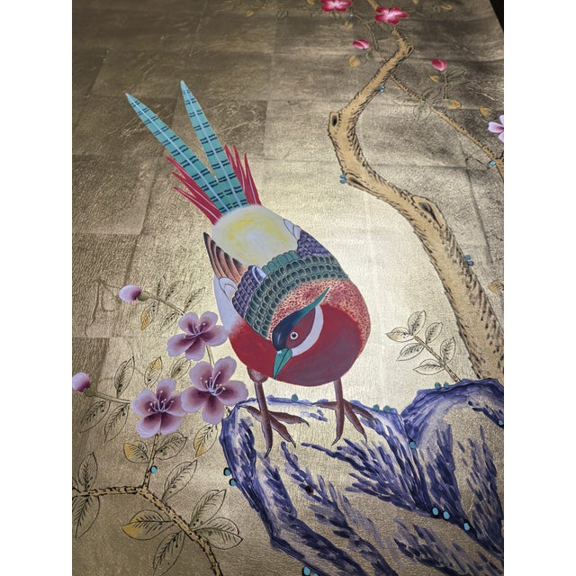Single Hand Painted Gold Leaf Chinoiserie Wallpaper Panel, Magnolia & Pheasant Bird Mural, Custom Size Available For Sale - Image 4 of 7