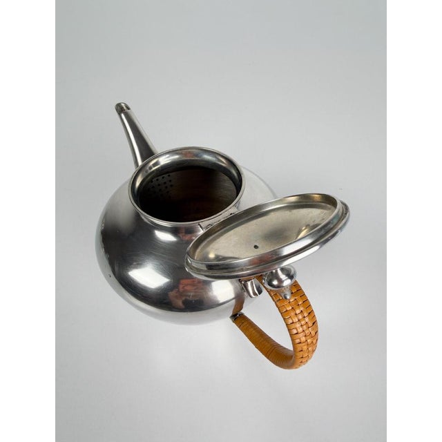 Mid-20th Century Pewter Tea Set with Rattan Wrapped Handlers from Gras et Etienne, 1950s, Set of 3 For Sale - Image 15 of 18