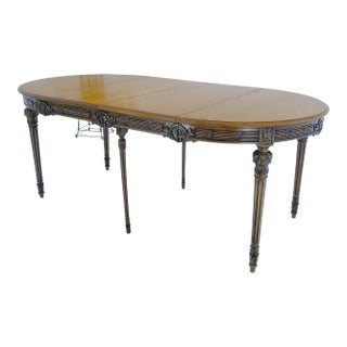 Round Racetrack w/ Two Large Leaves Carved Olive Finish Dining Table MINT! For Sale