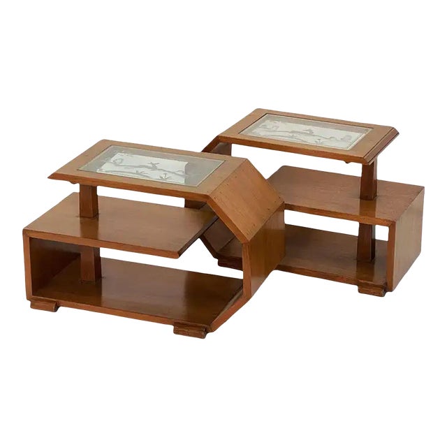 Pair of French Art Deco Side Tables With Etched Glass Tops For Sale