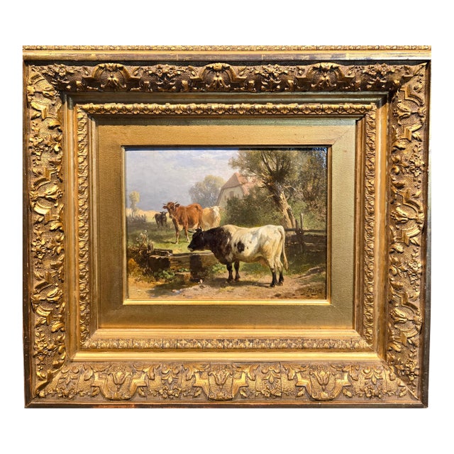 Friederich Voltz -Cows in a Farm Landscape- 19th Century Oil Painting For Sale