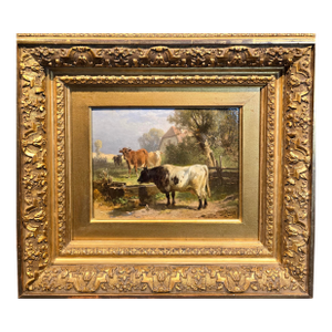 Friederich Voltz -Cows in a Farm Landscape- 19th Century Oil Painting