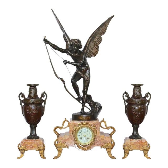 Antique French 1896 “Amour Irresistible” Angel Statue Pink Marble 3-Piece Clock Set For Sale