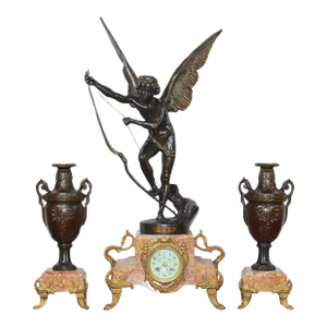 Antique French 1896 “Amour Irresistible” Angel Statue Pink Marble 3-Piece Clock Set