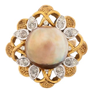 Modernist 14k Two-Tone Gold, Diamond, and Golden Pearl Cocktail Ring For Sale