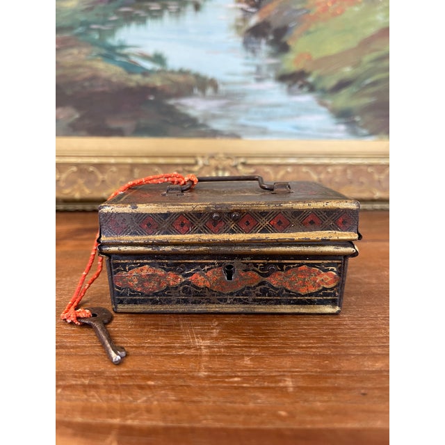 Likely Antique Toleware Painted Tin Lock Box With Key, 19th Century For Sale - Image 4 of 10