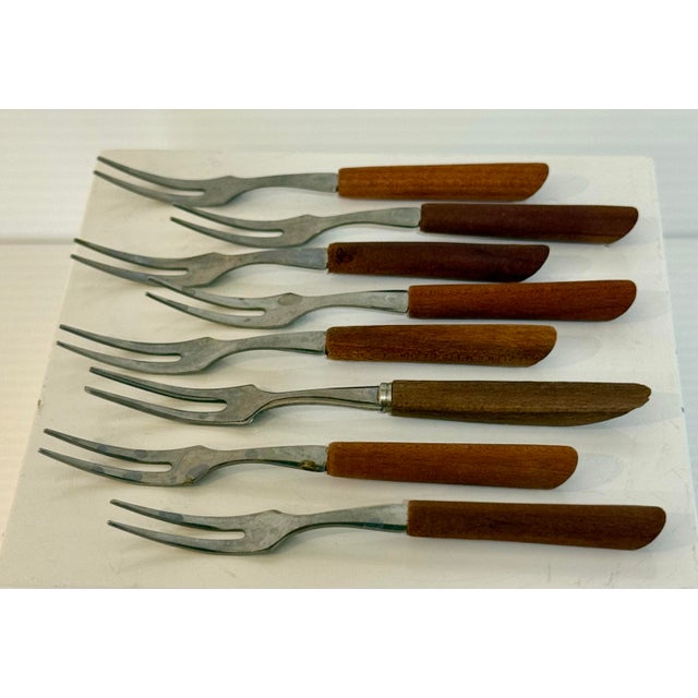 Vintage Japanese Mid-Century Stainless & Wood Cocktail Forks — Set of 9 For Sale - Image 10 of 11