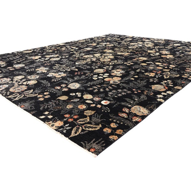 79282 Vintage Black Pakistani Tabriz Rug, 10'03 x 13'06. The Midnight Garden: A Vintage Pakistani Tabriz Masterpiece in...