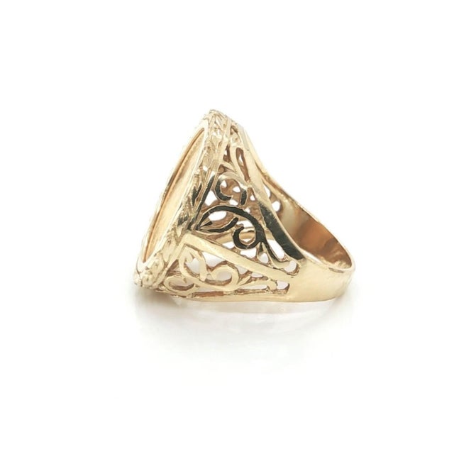 Mid 20th Century Liberty $5 Gold Coin Ring 22K Coin 14K Yellow Gold Filigree Frame Size 6.5 For Sale - Image 4 of 4