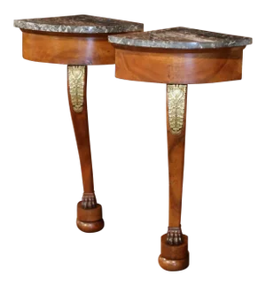 19th Century French Empire Walnut Corner Consoles With Grey Marble Top - a Pair