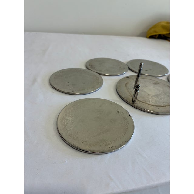 Mid 20th Century Vintage Silver Engraved Coaster Set – Set of 6 Coasters With Holder For Sale - Image 5 of 13