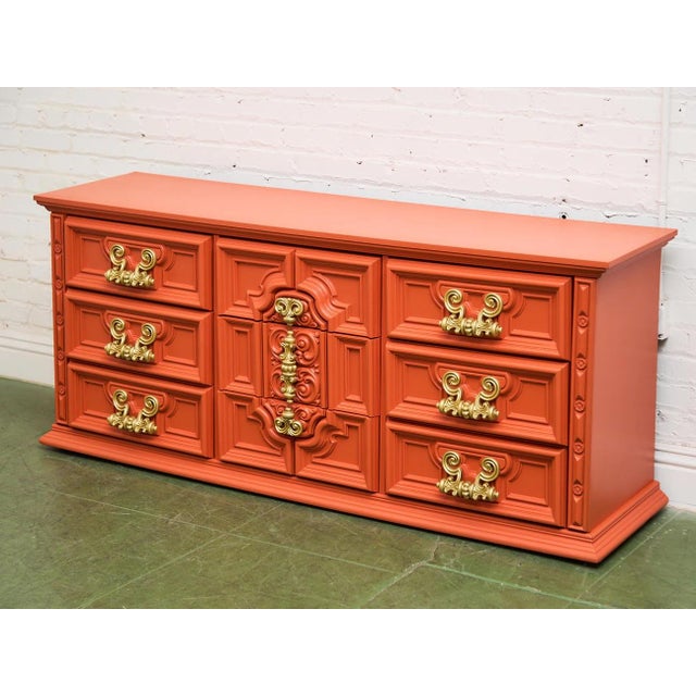 Hollywood Regency Mid 20th Century Hollywood Regency Spanish Revival Mid-Century Dresser and Poppy Orange Red For Sale - Image 3 of 12